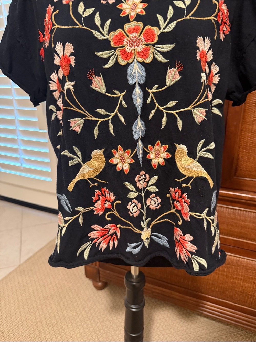 Johnny Was Black Tee with Multicolor Floral & Bird Embroidery Panel - Picture 2 of 3
